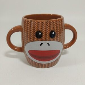 SOCK MONKEY COFFEE CUP MUG * DOUBLE HANDLE * 15 OZ. * BROWN * TWO SIDED *